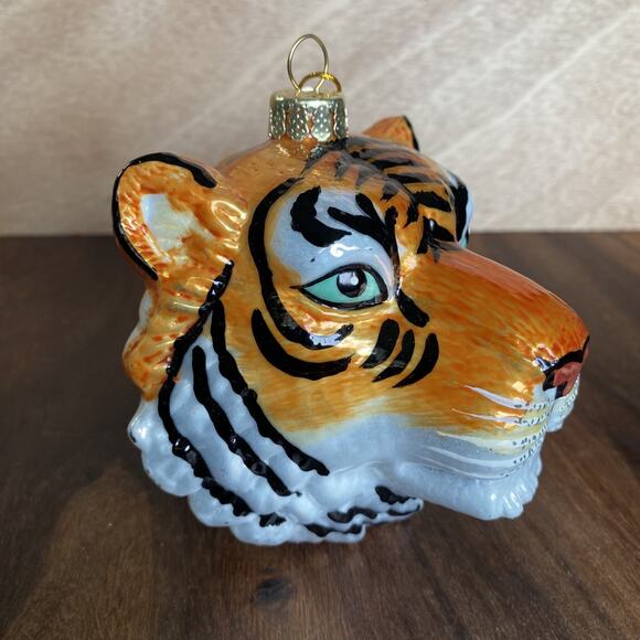 New Bengal Tiger Big Cat Head Blown Glass Holiday Christmas Ornament Vintage - Picture 2 of 5